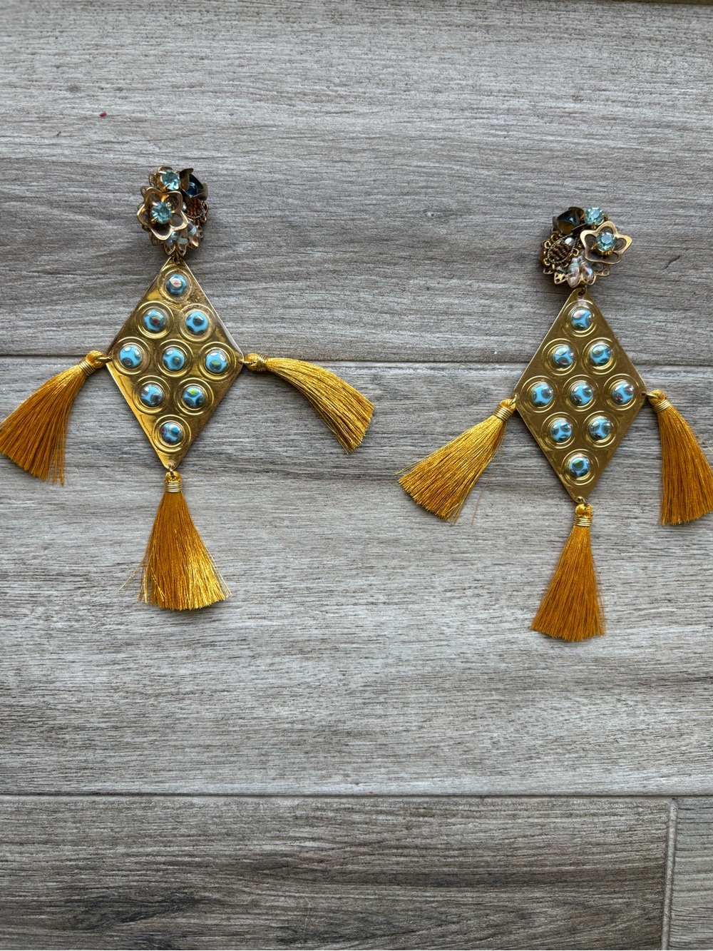 Mercedes Salazar Gold and Turquoise Tassel Drop Earrings Colombian